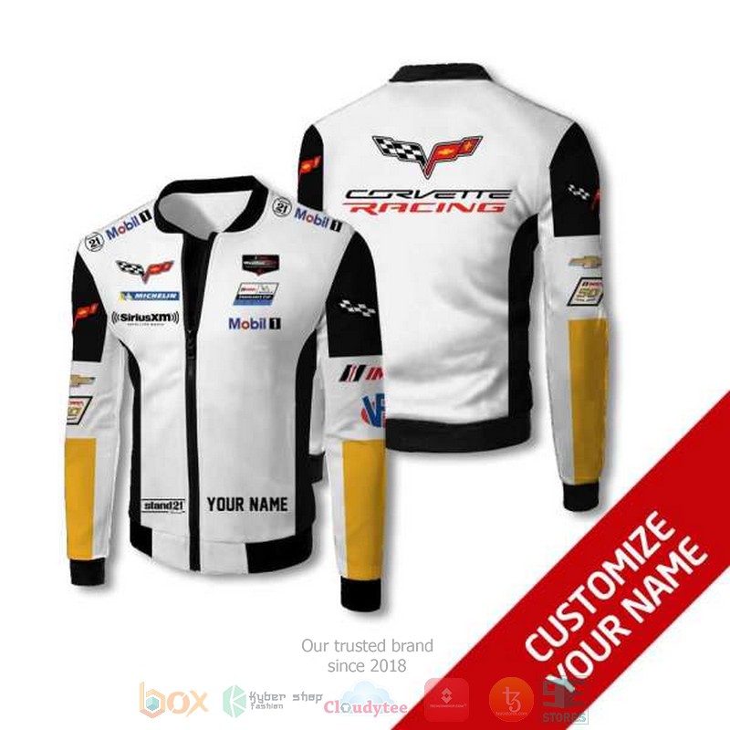 Personalized Corvette Racing Mobill1 White Custom Bomber Jacket Personalized Corvette Racing Mobill1 White Custom Bomber Jacket