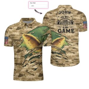 Personalized Custom Name Fisherman Bass Fishing Game American Angler Camo Polo Shirt #V