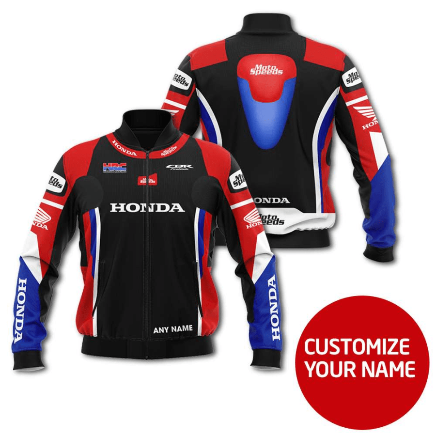 Personalized Honda Moto Speeds Black Custom Bomber Jacket Personalized Honda Moto Speeds Black Custom Bomber Jacket