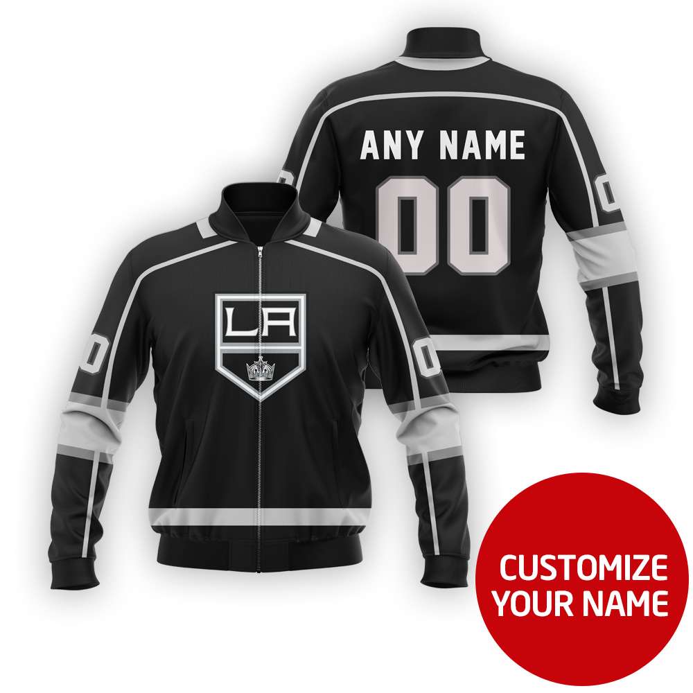 Personalized Los Angeles Kings Nhl Black Grey Custom Bomber Jacket Personalized Los Angeles Kings Nhl Black Grey Custom Bomber Jacket