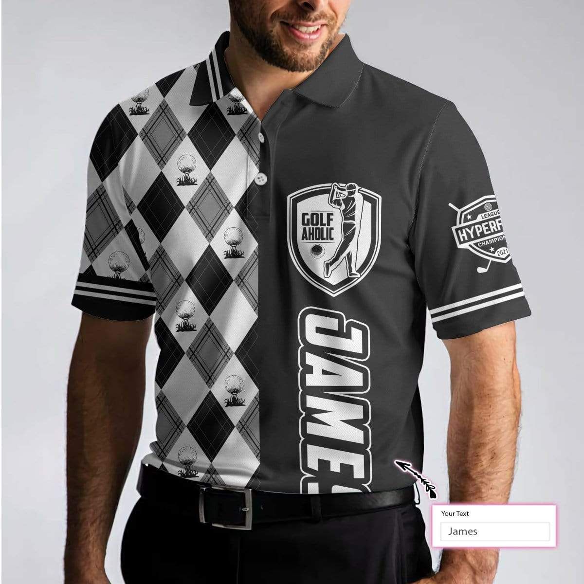 Personalized Name B&W Golfaholic Polo Shirt Personalized Name B&W Golfaholic Polo Shirt