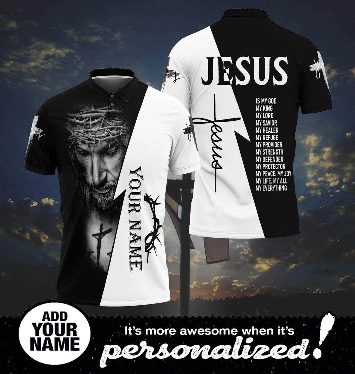 Personalized Name B&W Jesus Is My God Polo Shirt Personalized Name B&W Jesus Is My God Polo Shirt