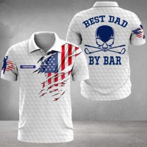 Personalized Name Best Dad By Bar Golf Dad American Flag White Polo Shirt