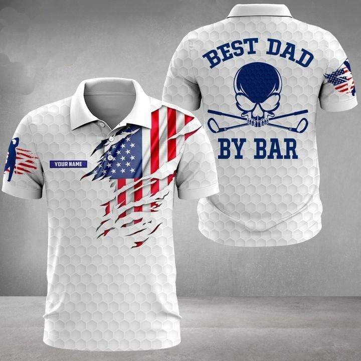 Personalized Name Best Dad By Bar Golf Dad American Flag White Polo Shirt Personalized Name Best Dad By Bar Golf Dad American Flag White Polo Shirt