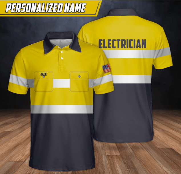 Personalized Name Electrician Man Yellow Black Polo Shirt Personalized Name Electrician Man Yellow Black Polo Shirt