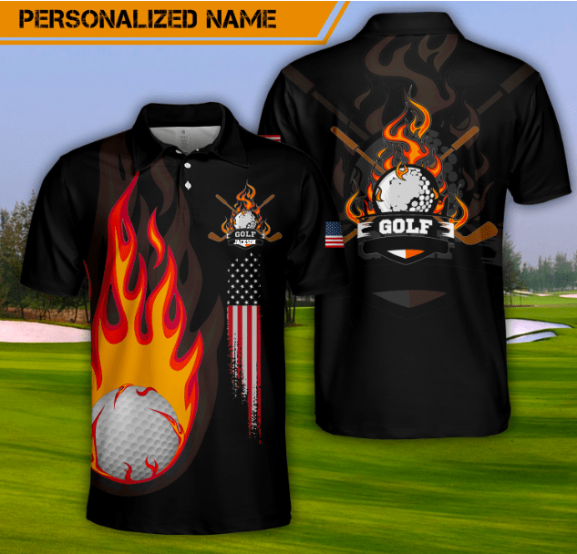 Personalized Name Flaming Golf Black Polo Shirt Personalized Name Flaming Golf Black Polo Shirt