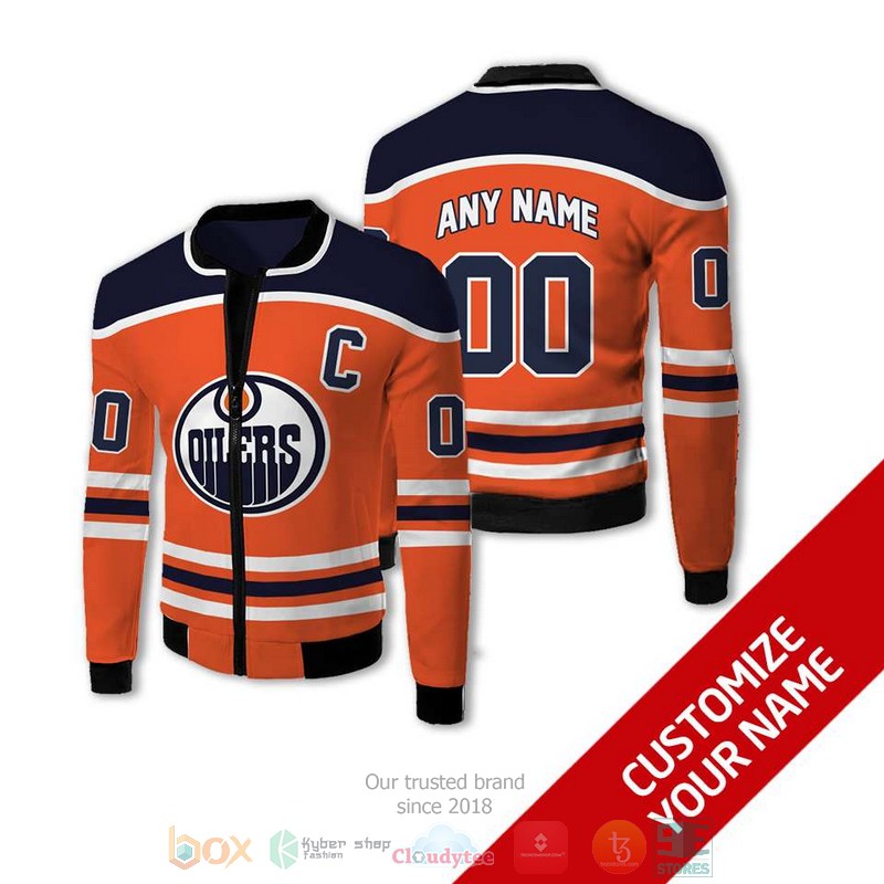 Personalized Nhl Edmonton Oilers Custom Orange Dark Blue Bomber Jacket Personalized Nhl Edmonton Oilers Custom Orange Dark Blue Bomber Jacket