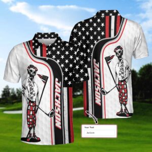 Personalized Skull Golfer American Flag Polo Shirt