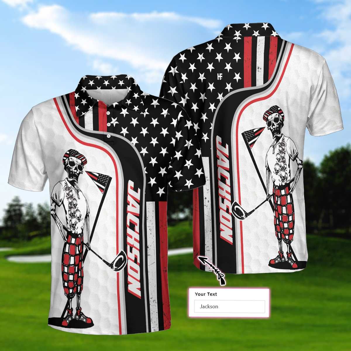 Personalized Skull Golfer American Flag Polo Shirt Personalized Skull Golfer American Flag Polo Shirt