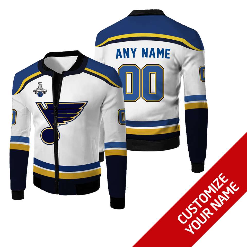 Personalized St Louis Blues Nhl White Custom Bomber Jacket Personalized St Louis Blues Nhl White Custom Bomber Jacket