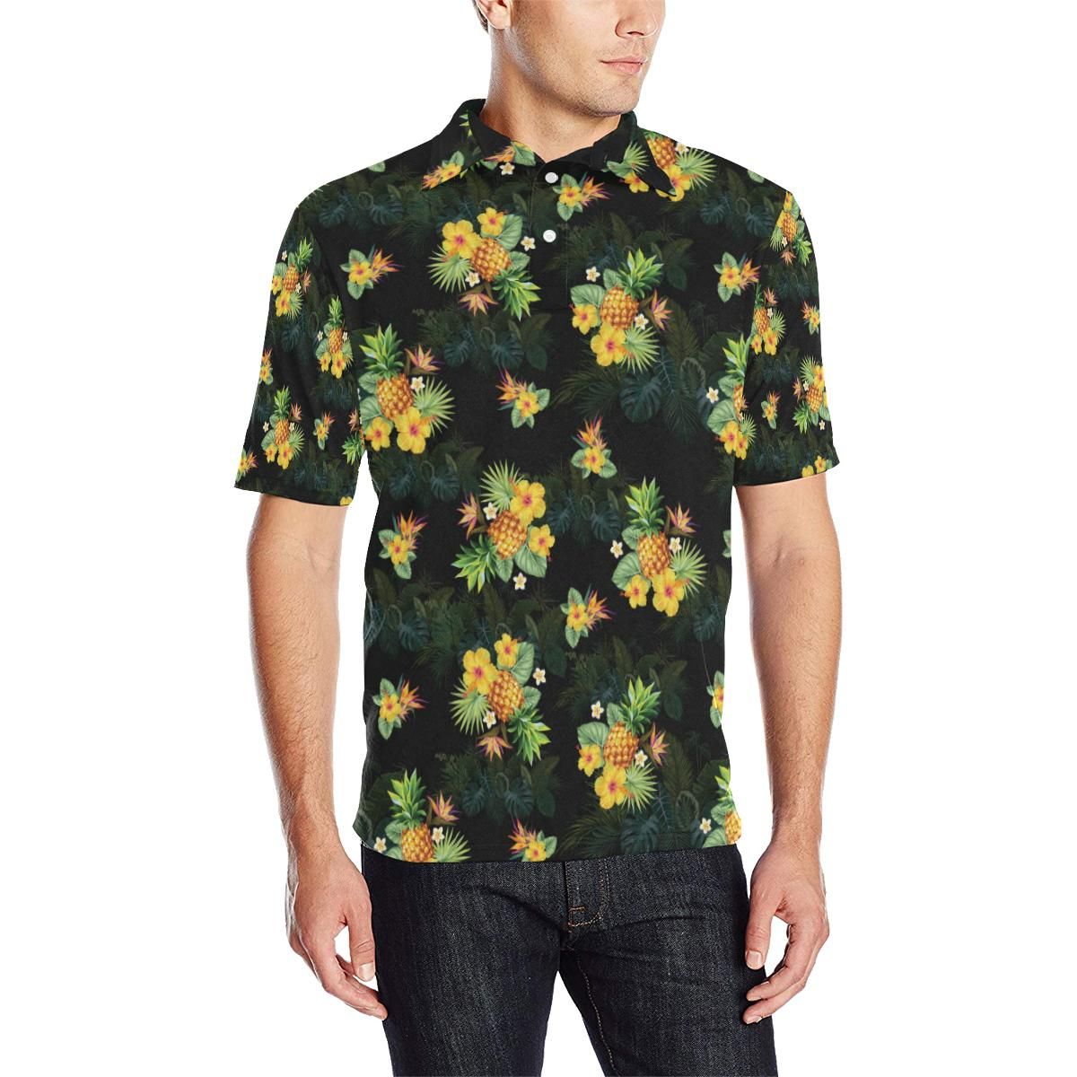 Pineapple Tropical Flower Print Pattern Men Polo Shirt Pineapple Tropical Flower Print Pattern Men Polo Shirt