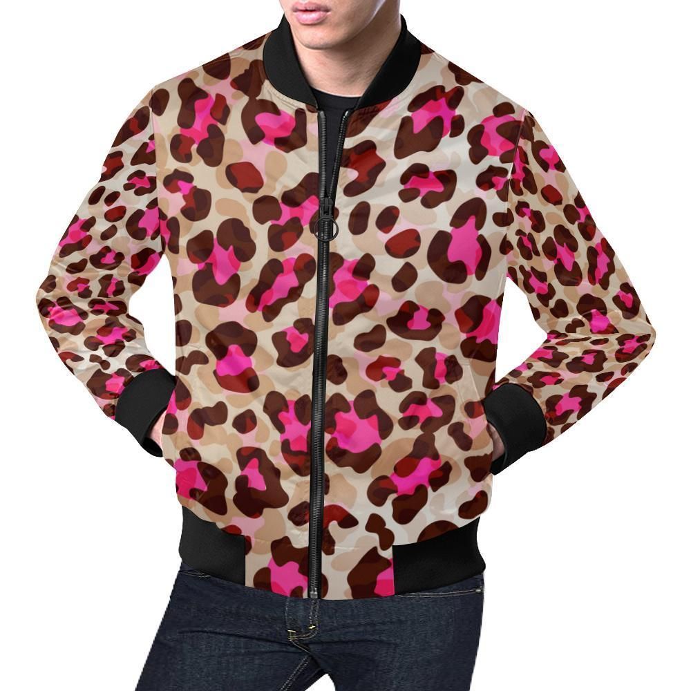 Pink Dot Cheetah Leopard Pattern Print Mens Bomber Jacket Pink Dot Cheetah Leopard Pattern Print Mens Bomber Jacket