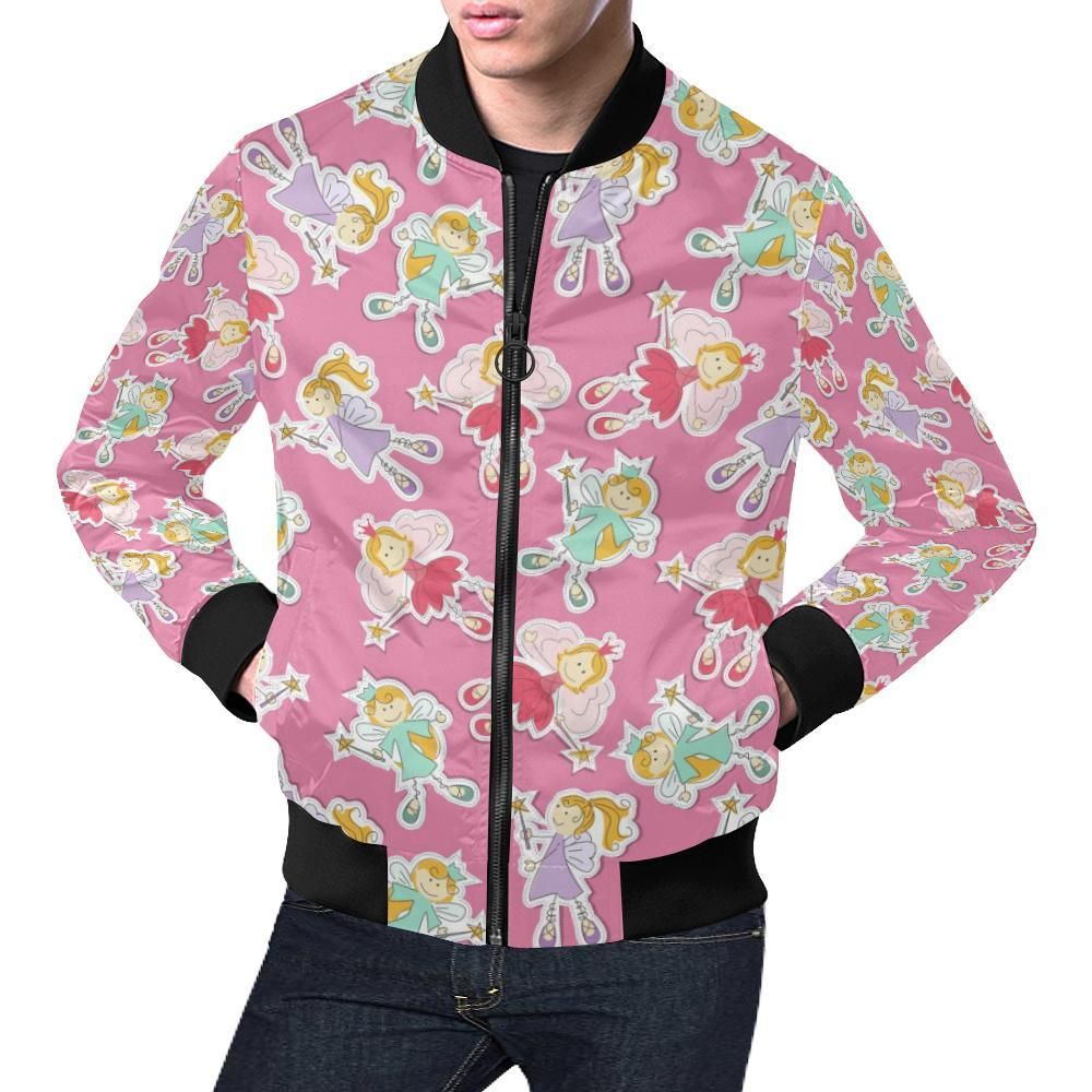 Pink Fairy Pattern Print Mens Bomber Jacket Pink Fairy Pattern Print Mens Bomber Jacket