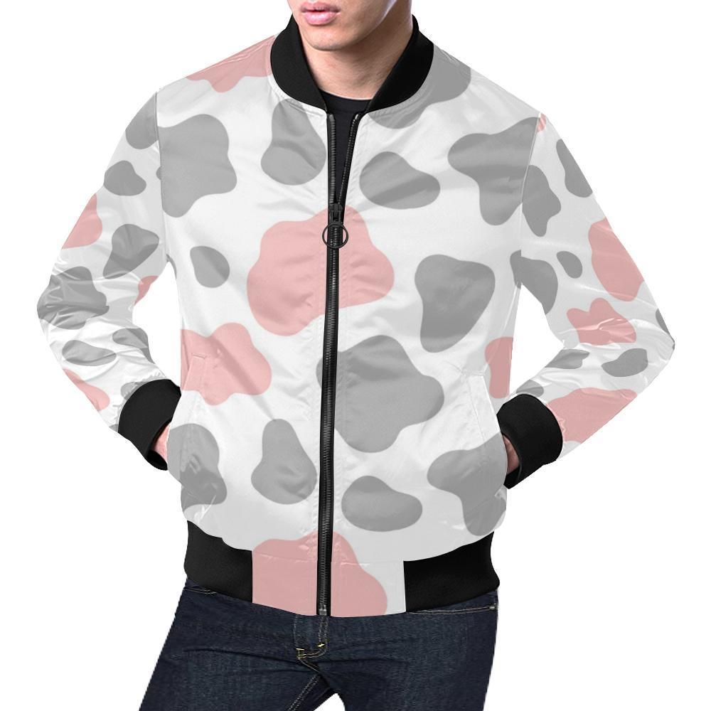 Pink Gray Cow Pattern Print Mens Bomber Jacket Pink Gray Cow Pattern Print Mens Bomber Jacket
