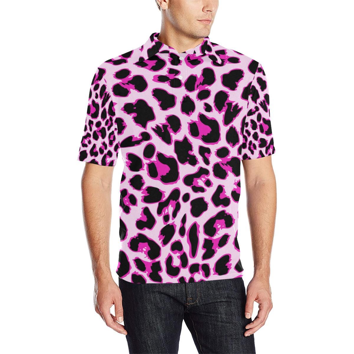 Pink Leopard Print Men Polo Shirt Pink Leopard Print Men Polo Shirt