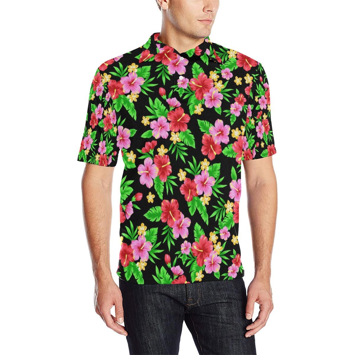 Pink Red Hibiscus Pattern Print Design Hb023 Men Polo Shirt Pink Red Hibiscus Pattern Print Design Hb023 Men Polo Shirt