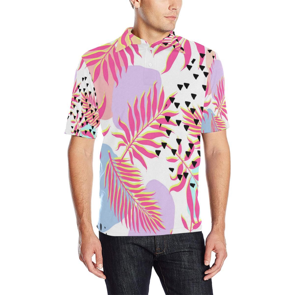 Pink Tropical Palm Leaves Men Polo Shirt Pink Tropical Palm Leaves Men Polo Shirt