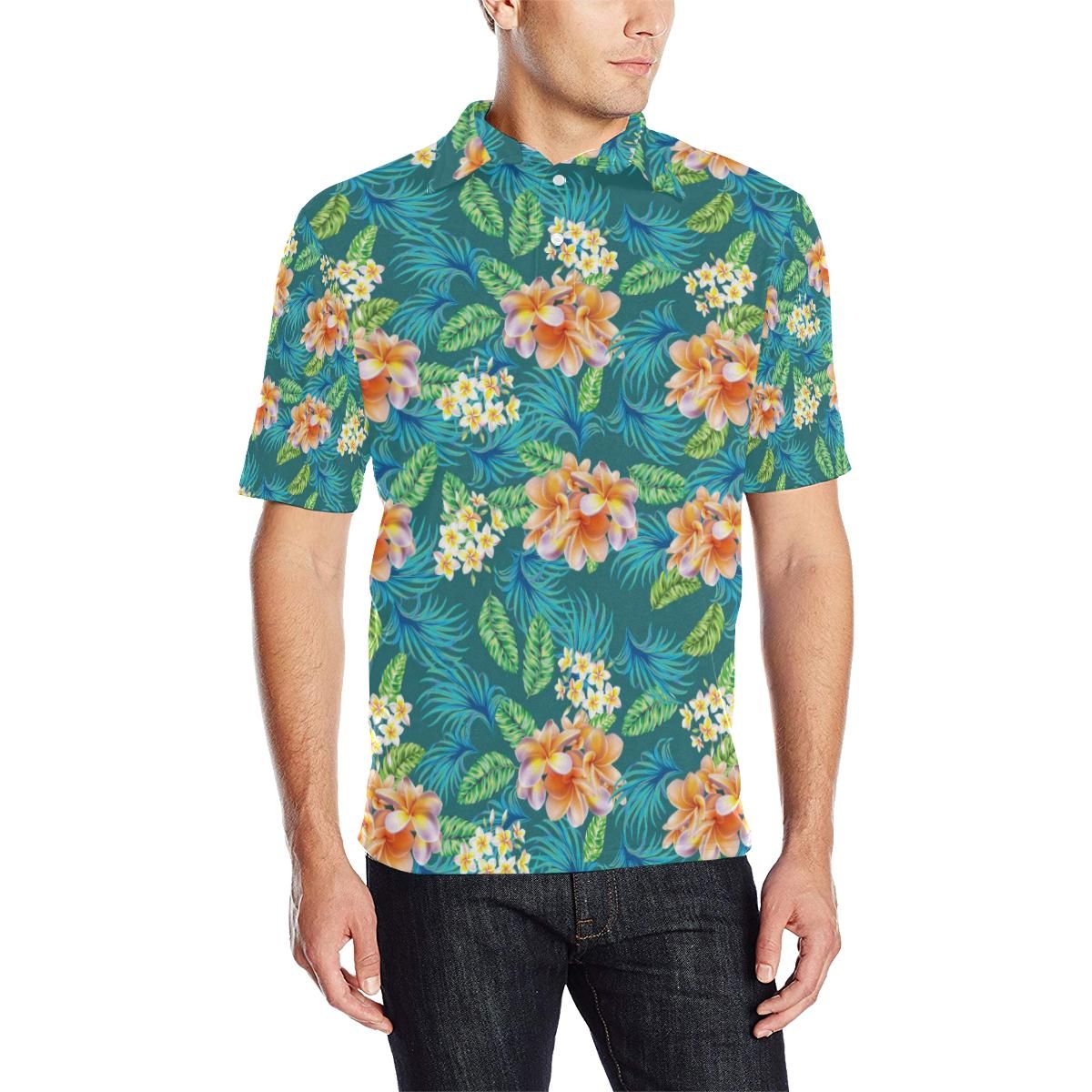 Plumeria Tropical Flower Design Print Men Polo Shirt Plumeria Tropical Flower Design Print Men Polo Shirt