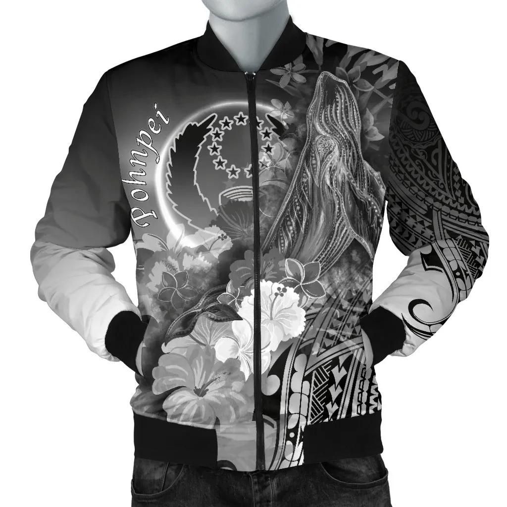 Pohnpei Men's Bomber Jacket - Humpback Whale with Tropical Flowers (White)- BN18 Bomber Jacket Pohnpei Men's Bomber Jacket - Humpback Whale with Tropical Flowers (White)- BN18 Bomber Jacket
