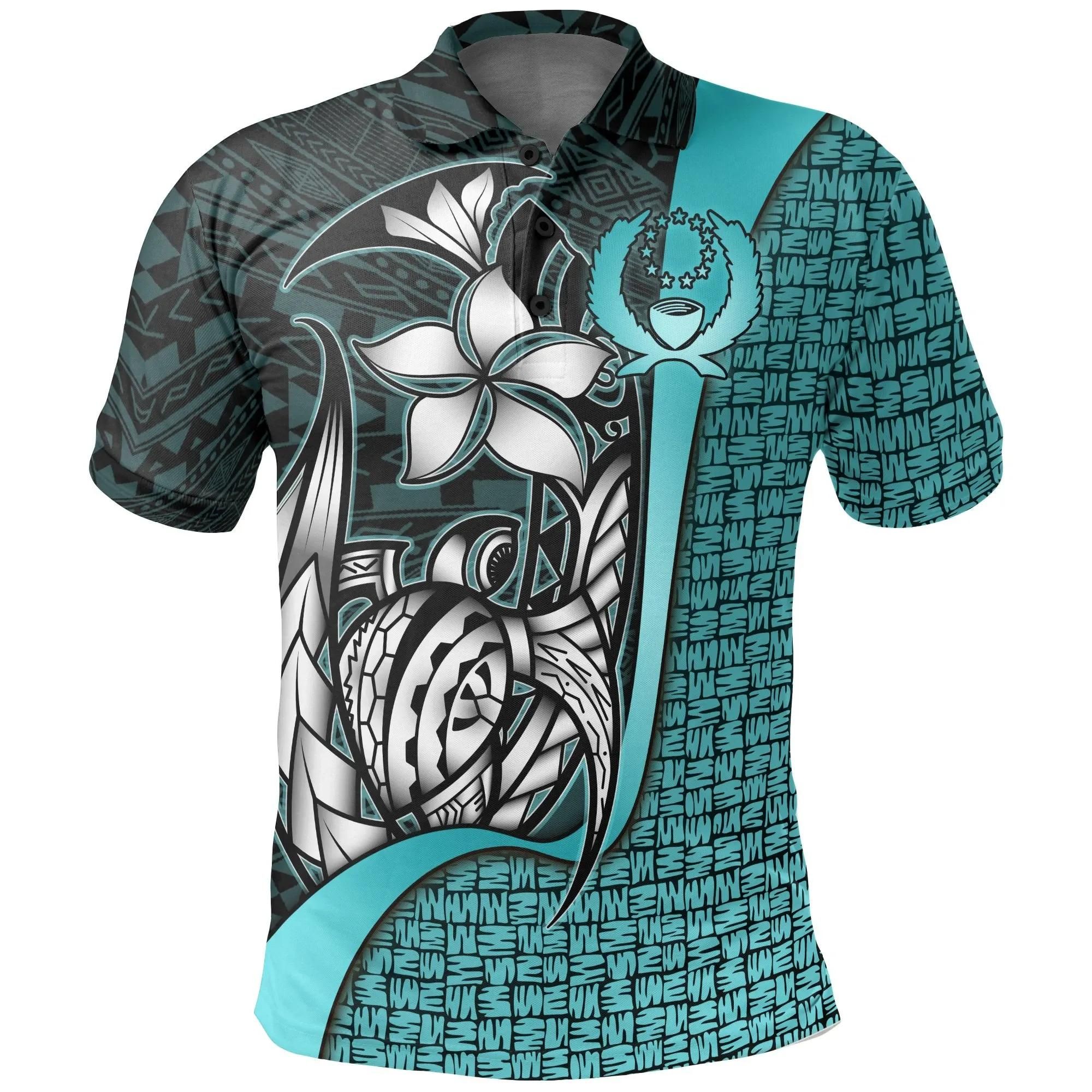 Pohnpei Micronesian Polo Shirt Turquoise - Turtle with Hook - BN11 Pohnpei Micronesian Polo Shirt Turquoise - Turtle with Hook - BN11