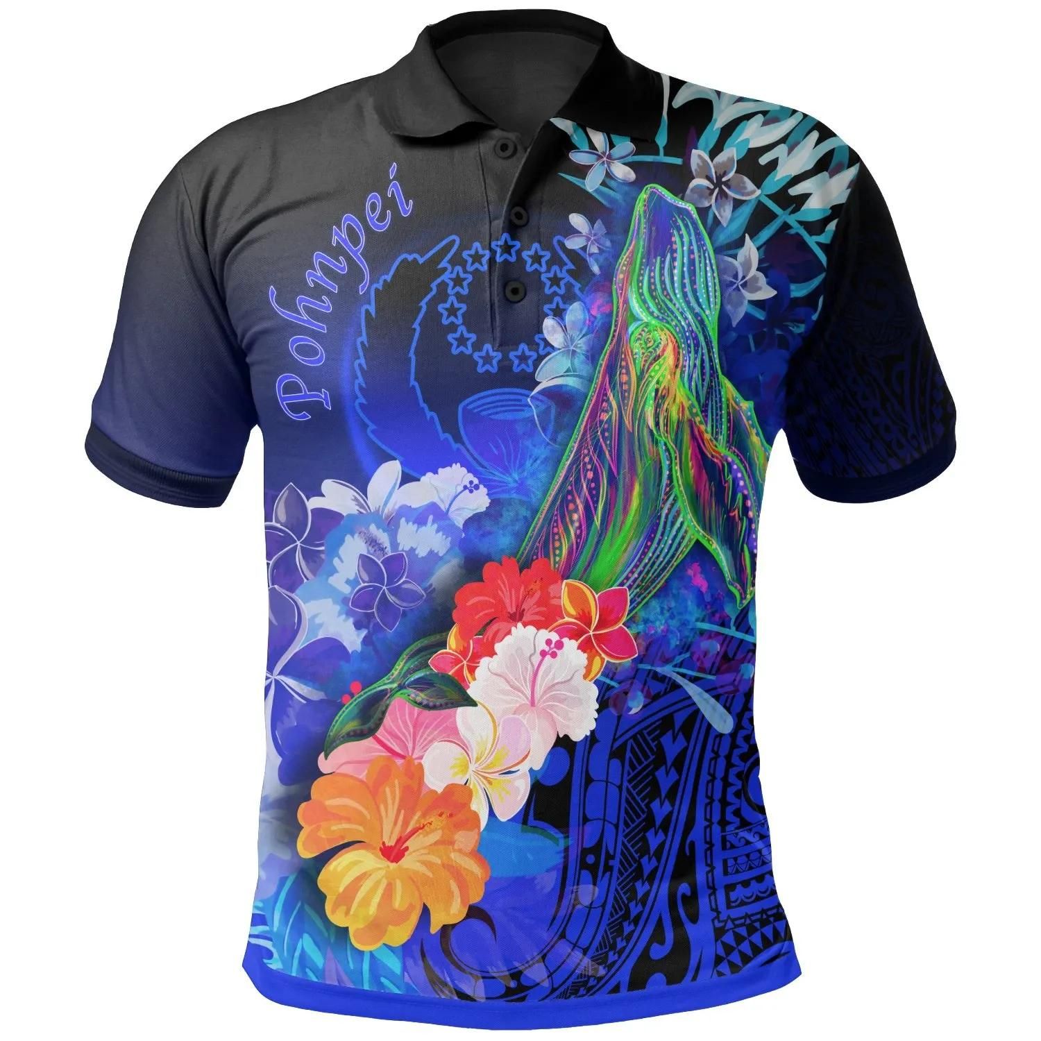 Pohnpei Polo Shirt - Humpback Whale with Tropical Flowers (Blue)- BN18 Pohnpei Polo Shirt - Humpback Whale with Tropical Flowers (Blue)- BN18