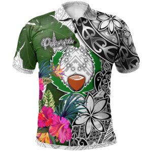 Pohnpei Polo Shirt White - Turtle Plumeria Banana Leaf - BN11