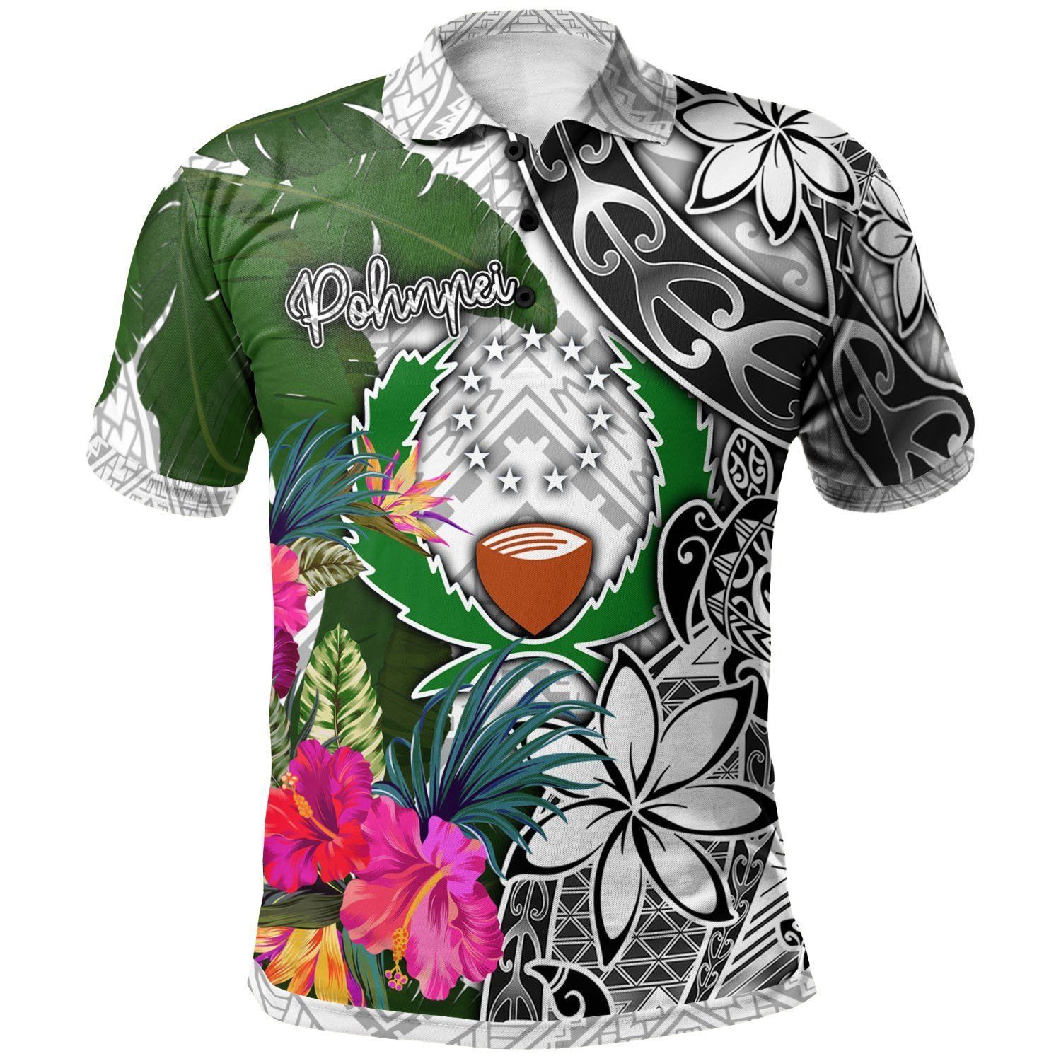 Pohnpei Polo Shirt White - Turtle Plumeria Banana Leaf - BN11 Pohnpei Polo Shirt White - Turtle Plumeria Banana Leaf - BN11