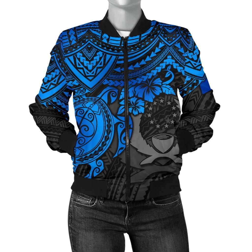 Pohnpei Polynesian Bomber Jacket (Women) - Polynesian Blue Turtle - BN15 Bomber Jacket Pohnpei Polynesian Bomber Jacket (Women) - Polynesian Blue Turtle - BN15 Bomber Jacket