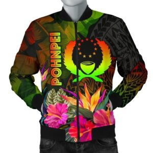 Pohnpei Polynesian Men's Bomber Jacket -  Hibiscus and Banana Leaves - BN15 Bomber Jacket