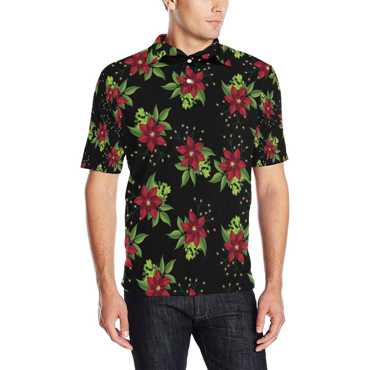 Poinsettia Pattern Print Design A01 Men Polo Shirt Poinsettia Pattern Print Design A01 Men Polo Shirt