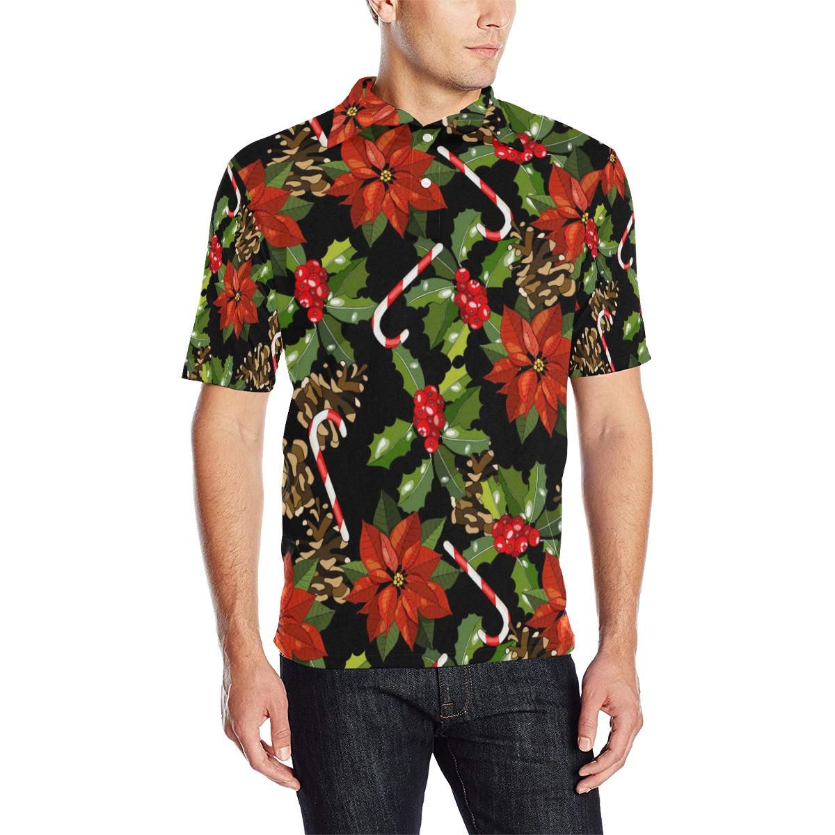 Poinsettia Pattern Print Design Pot01 Men Polo Shirt Poinsettia Pattern Print Design Pot01 Men Polo Shirt