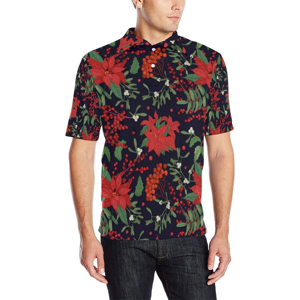 Poinsettia Pattern Print Design Pot02 Men Polo Shirt Poinsettia Pattern Print Design Pot02 Men Polo Shirt