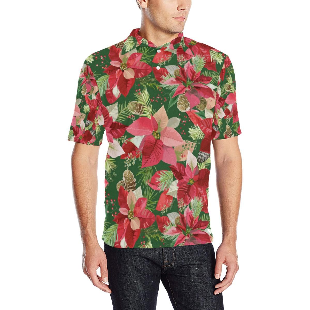 Poinsettia Pattern Print Design Pot03 Men Polo Shirt Poinsettia Pattern Print Design Pot03 Men Polo Shirt