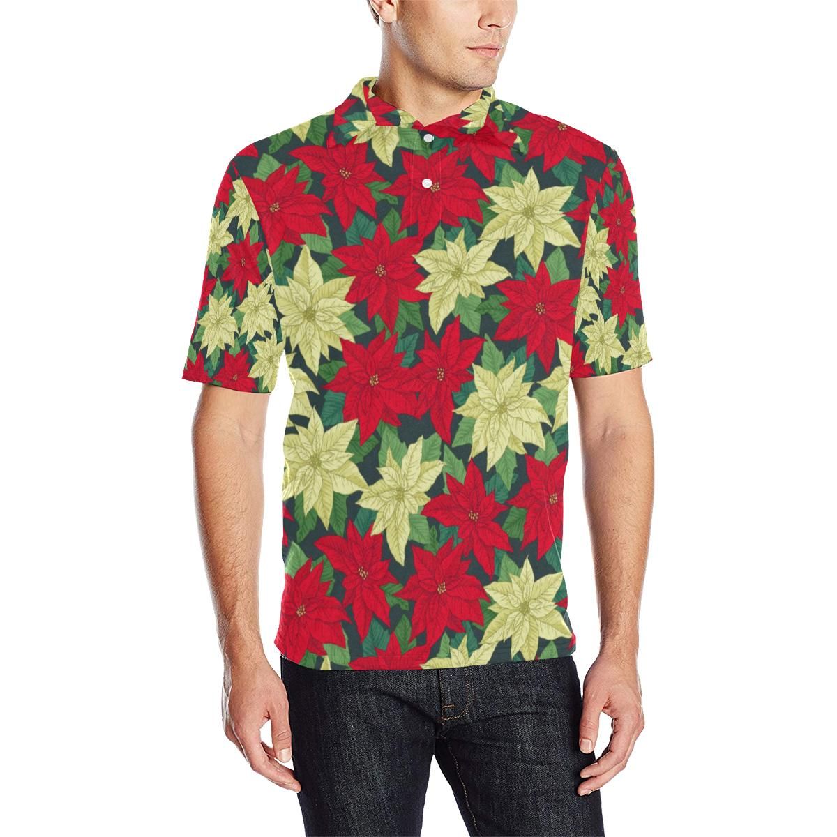 Poinsettia Pattern Print Design Pot06 Men Polo Shirt Poinsettia Pattern Print Design Pot06 Men Polo Shirt