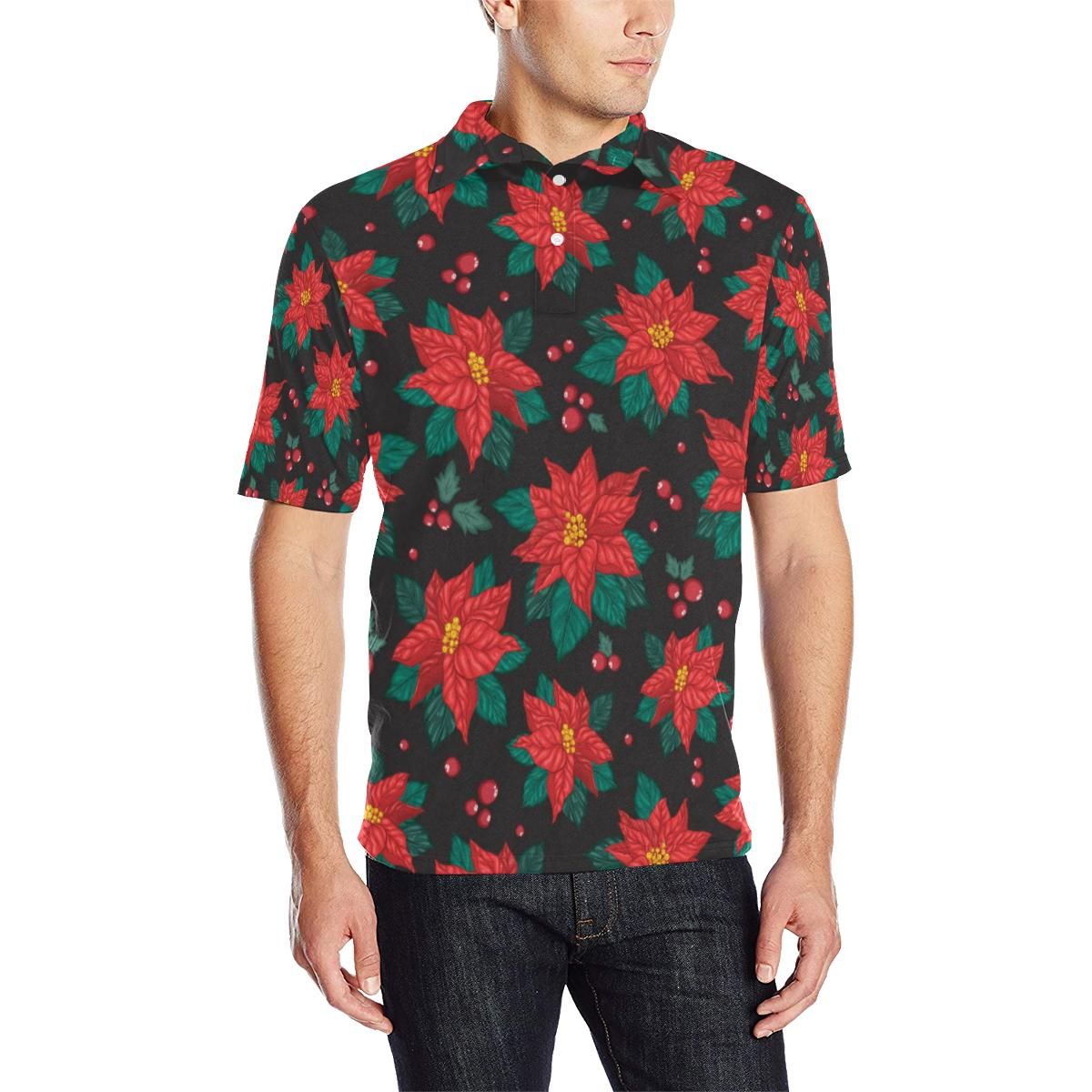 Poinsettia Pattern Print Design Pot07 Men Polo Shirt Poinsettia Pattern Print Design Pot07 Men Polo Shirt