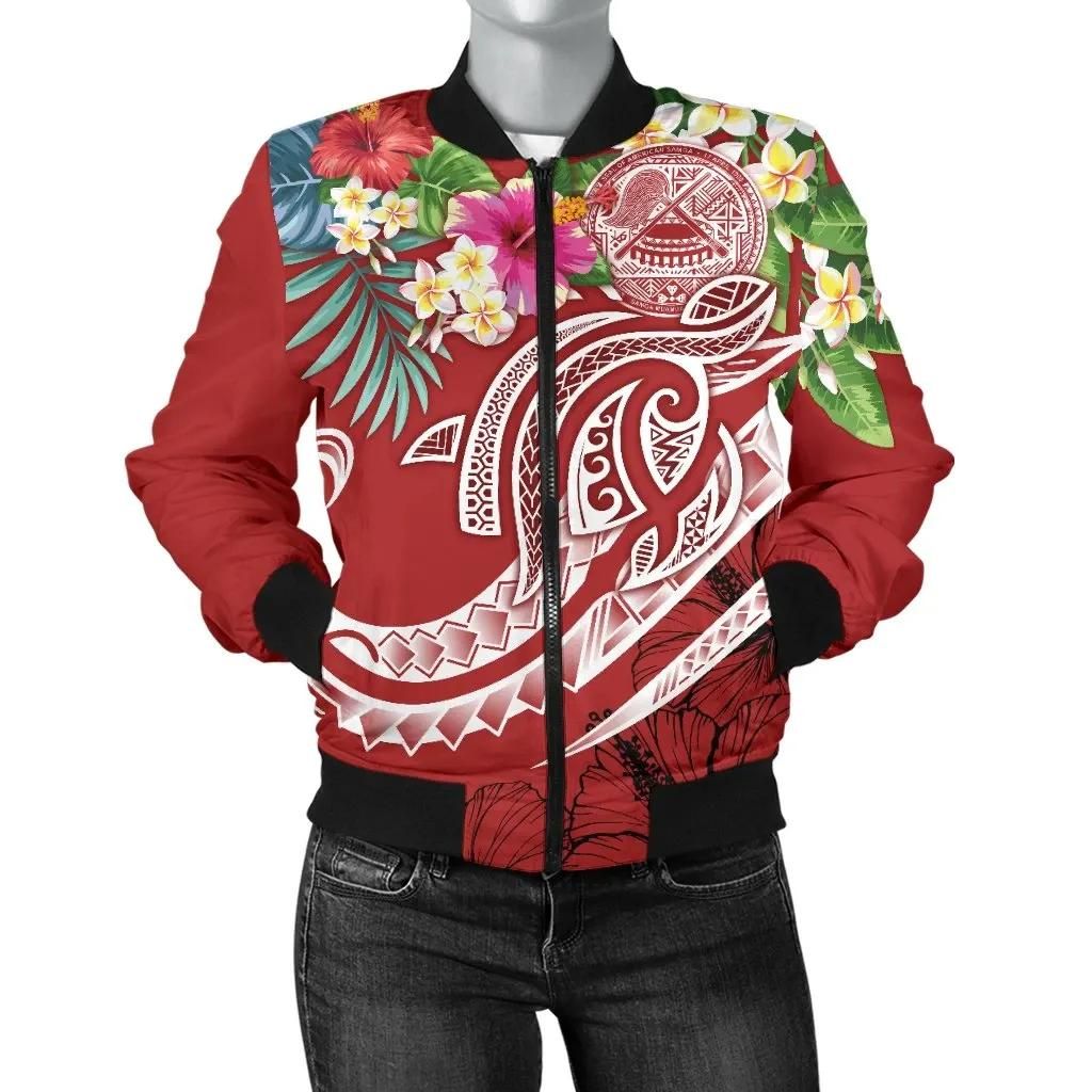 Polynesian American Samoa Women's Bomber Jacket - Summer Plumeria (Red) - BN15 Bomber Jacket Polynesian American Samoa Women's Bomber Jacket - Summer Plumeria (Red) - BN15 Bomber Jacket