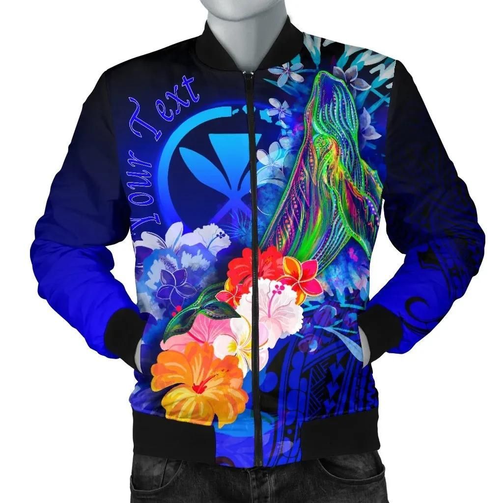 Polynesian Hawaii Custom Personalised Men's Bomber Jacket - Kanaka Maoli Humpback Whale with Tropical Flowers (Blue)- BN18 Bomber Jacket Polynesian Hawaii Custom Personalised Men's Bomber Jacket - Kanaka Maoli Humpback Whale with Tropical Flowers (Blue)- BN18 Bomber Jacket