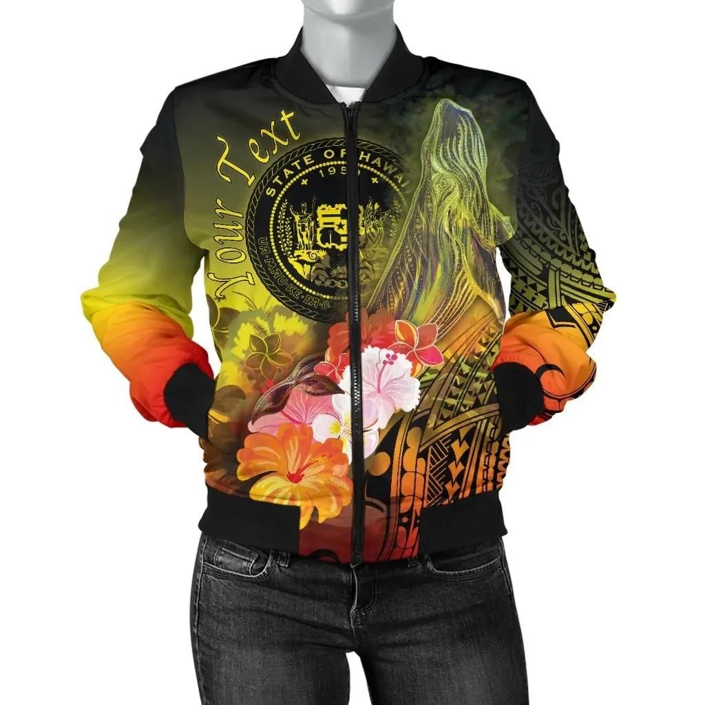 Polynesian Hawaii Custom Personalised Women's Bomber Jacket - Humpback Whale with Tropical Flowers (Yellow)- BN18 Bomber Jacket Polynesian Hawaii Custom Personalised Women's Bomber Jacket - Humpback Whale with Tropical Flowers (Yellow)- BN18 Bomber Jacket