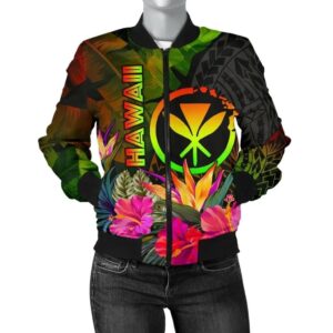 Polynesian Hawaii Kanaka Maoli Polynesian Women's Bomber Jacket -  Hibiscus and Banana Leaves - BN15 Bomber Jacket