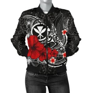 Polynesian Hawaii  Kanaka Maoli Women's Bomber Jacket - Humpback Whale with Hibiscus (White) - BN15 Bomber Jacket