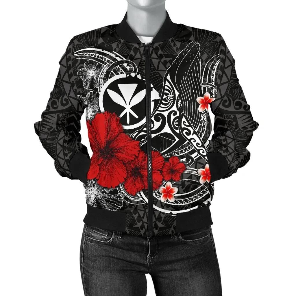 Polynesian Hawaii Kanaka Maoli Women's Bomber Jacket - Humpback Whale with Hibiscus (White) - BN15 Bomber Jacket Polynesian Hawaii Kanaka Maoli Women's Bomber Jacket - Humpback Whale with Hibiscus (White) - BN15 Bomber Jacket