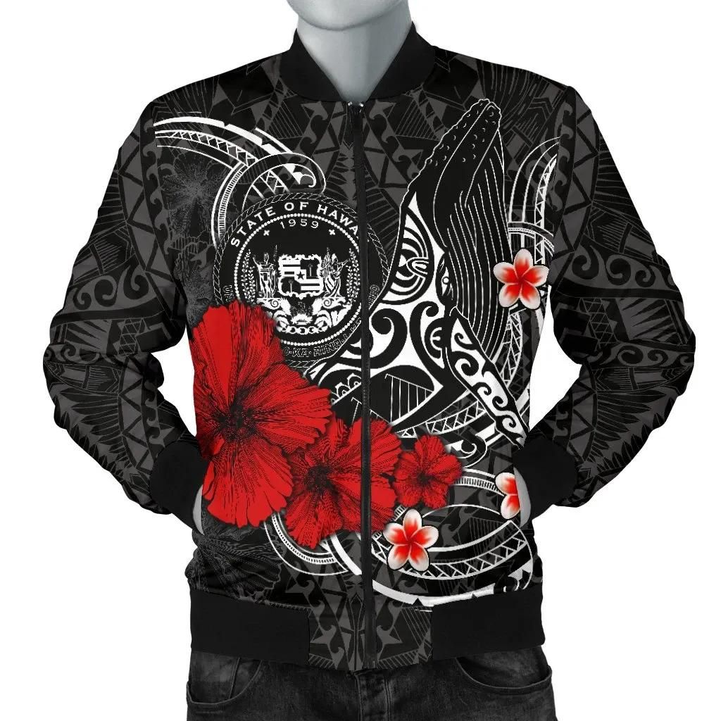 Polynesian Hawaii Men's Bomber Jacket - Humpback Whale with Hibiscus (White) - BN15 Bomber Jacket Polynesian Hawaii Men's Bomber Jacket - Humpback Whale with Hibiscus (White) - BN15 Bomber Jacket