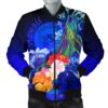 Polynesian Hawaii Men's Bomber Jacket - Humpback Whale with Tropical Flowers (Blue)- BN18 Bomber Jacket