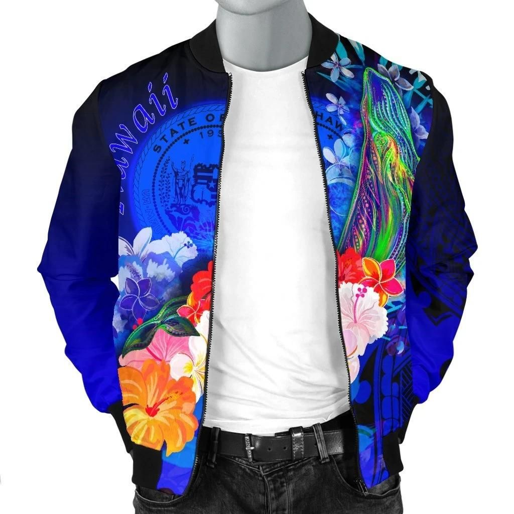 Polynesian-Hawaii-Mens-Bomber-Jacket-Humpback-Whale-with-Tropical-Flowers-Blue-BN18-Bomber-Jacket-2
