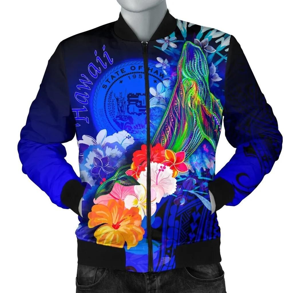 Polynesian Hawaii Men's Bomber Jacket - Humpback Whale with Tropical Flowers (Blue)- BN18 Bomber Jacket Polynesian Hawaii Men's Bomber Jacket - Humpback Whale with Tropical Flowers (Blue)- BN18 Bomber Jacket