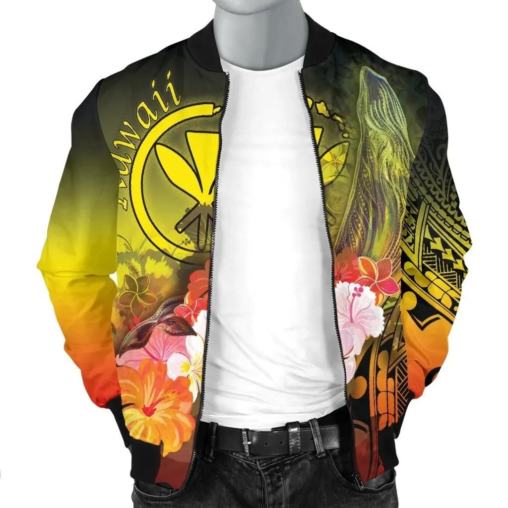 Polynesian-Hawaii-Mens-Bomber-Jacket-Kanaka-Maoli-Humpback-Whale-with-Tropical-Flowers-Yellow-BN18-Bomber-Jacket-2