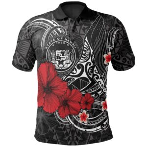 Polynesian Hawaii  Polo Shirt - Humpback Whale with Hibiscus (White) - BN15