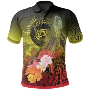 Polynesian Hawaii Polo Shirts - Humpback Whale with Tropical Flowers (Yellow)- BN18