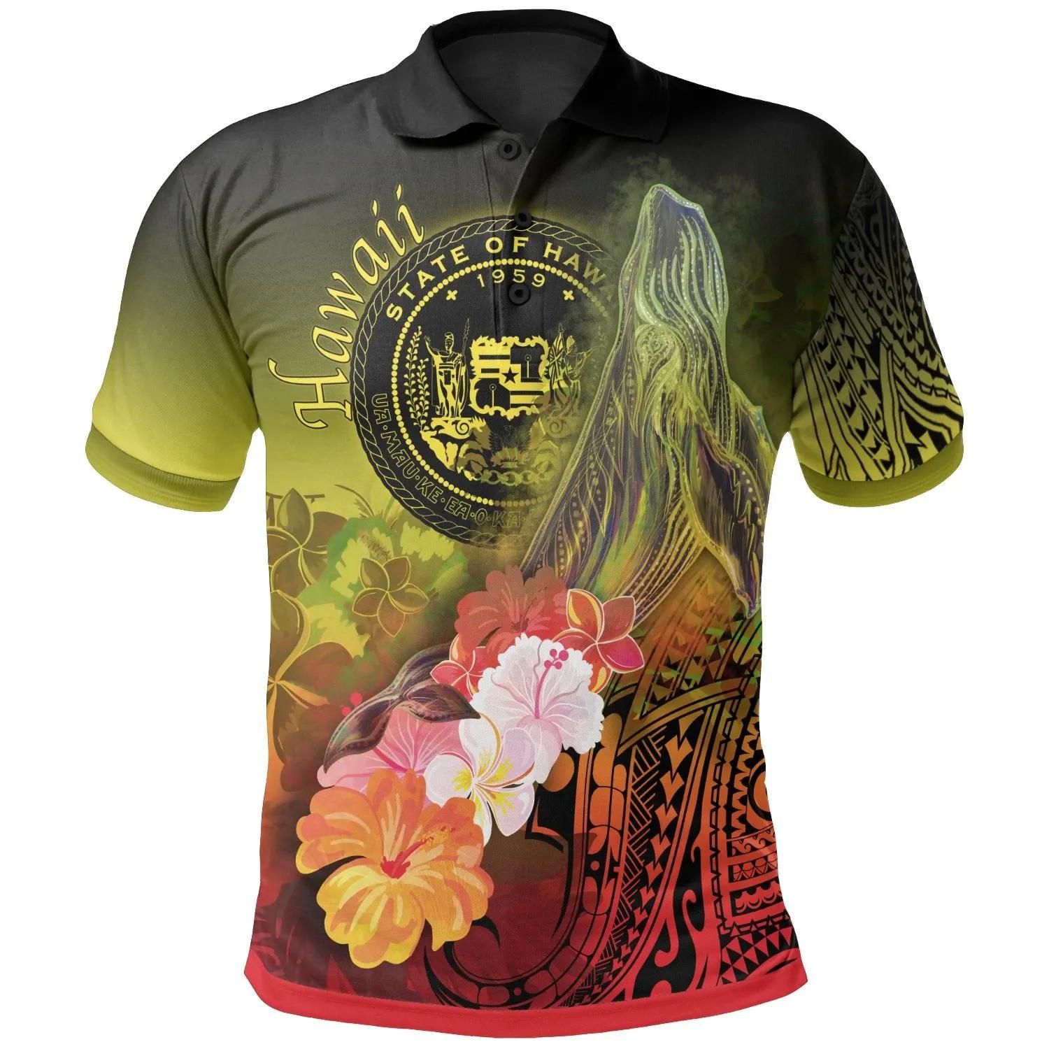 Polynesian Hawaii Polo Shirts - Humpback Whale with Tropical Flowers (Yellow)- BN18 Polynesian Hawaii Polo Shirts - Humpback Whale with Tropical Flowers (Yellow)- BN18