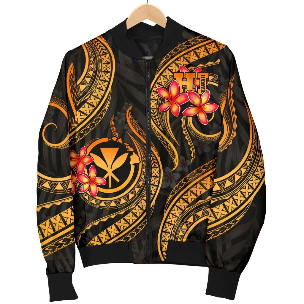 Polynesian Hawaii Women Bomber Jacket - Gold Plumeria - BN11 Bomber Jacket Polynesian Hawaii Women Bomber Jacket - Gold Plumeria - BN11 Bomber Jacket